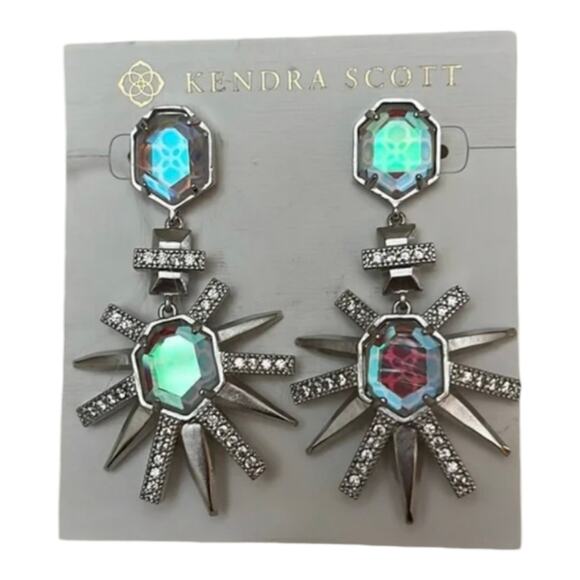 Kendra Scott Allie Statement Drop Earrings Silver Dichroic Glass New!! - Picture 2 of 9